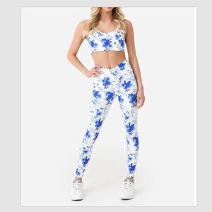 LoveShackFancy Adries Blue White Floral Active Set Top & Leggings Size S NWOT